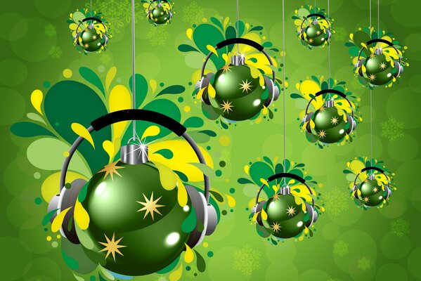 Christmas toys with headphones on a green background