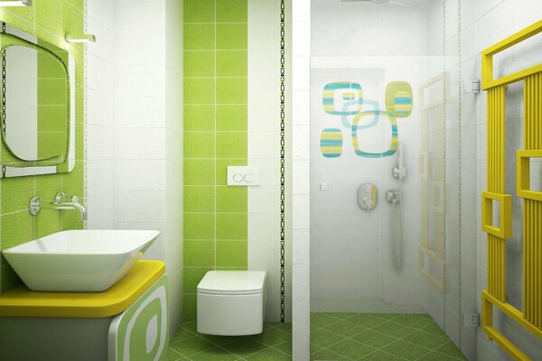 Interni del bagno nei toni del giallo-verde chiaro