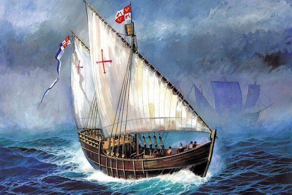 Le navire de Christophe Colomb sur les vagues de l océan qui fait rage, art