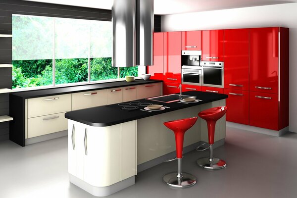 Kitchen area with bar stools and scarlet wardrobe