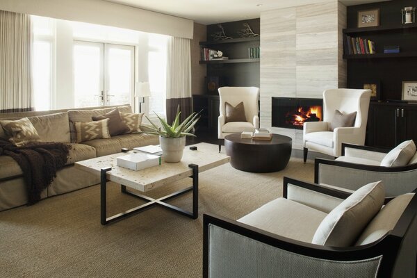 Modern living room designer renovation with fireplace