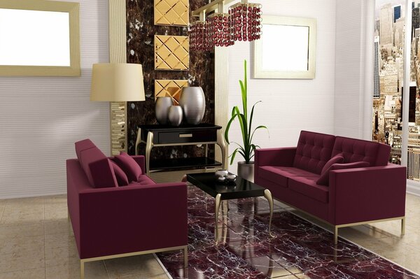 The interior of the room in burgundy color