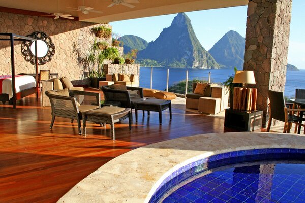 Hotel room with pool and sea view