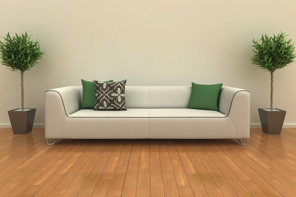 Light sofa with green pillows