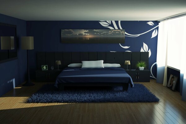 Chambre bleue dans un style minimaliste