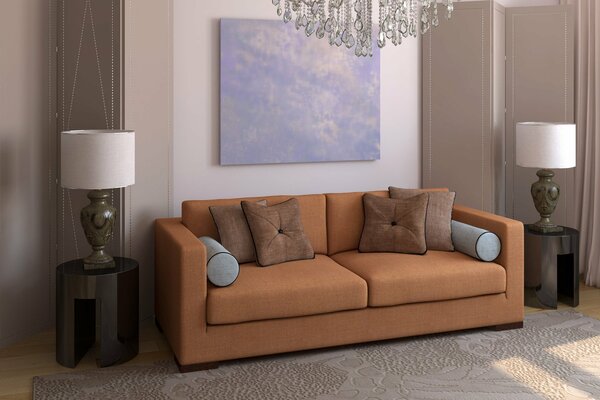 Przytulny pokój z brązową sofą i miękkimi poduszkami