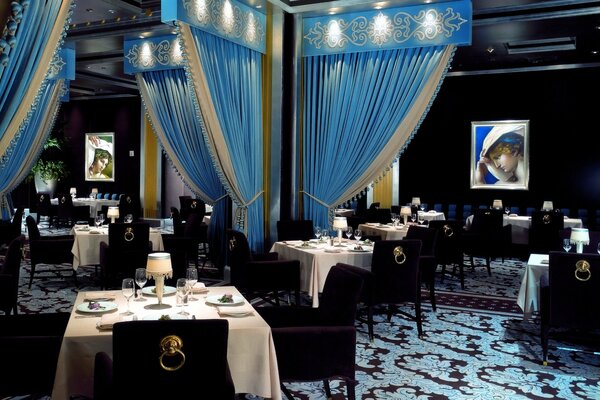 Luxurious blue and white interior of the restaurant