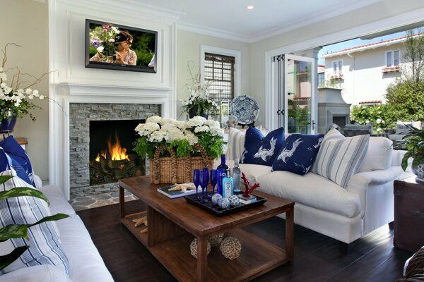 Cozy interior of a room with a fireplace