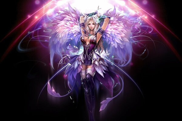 Fantasy. A girl with wings on a dark background