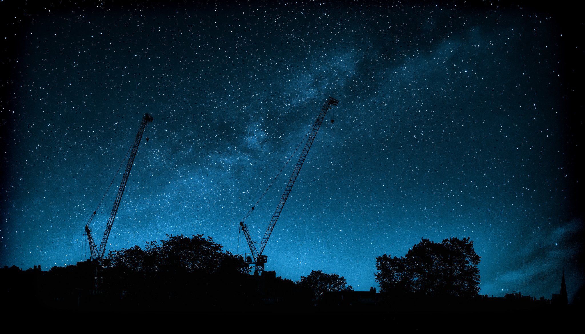 milky way cranes tree silhouette star space