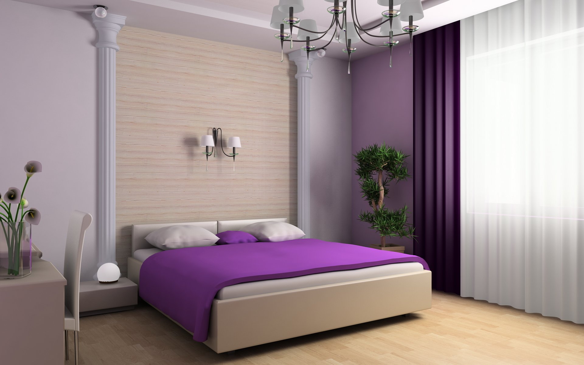 intérieur chambre appartement design style lit oreillers plantes fleurs table chaise couverture violet