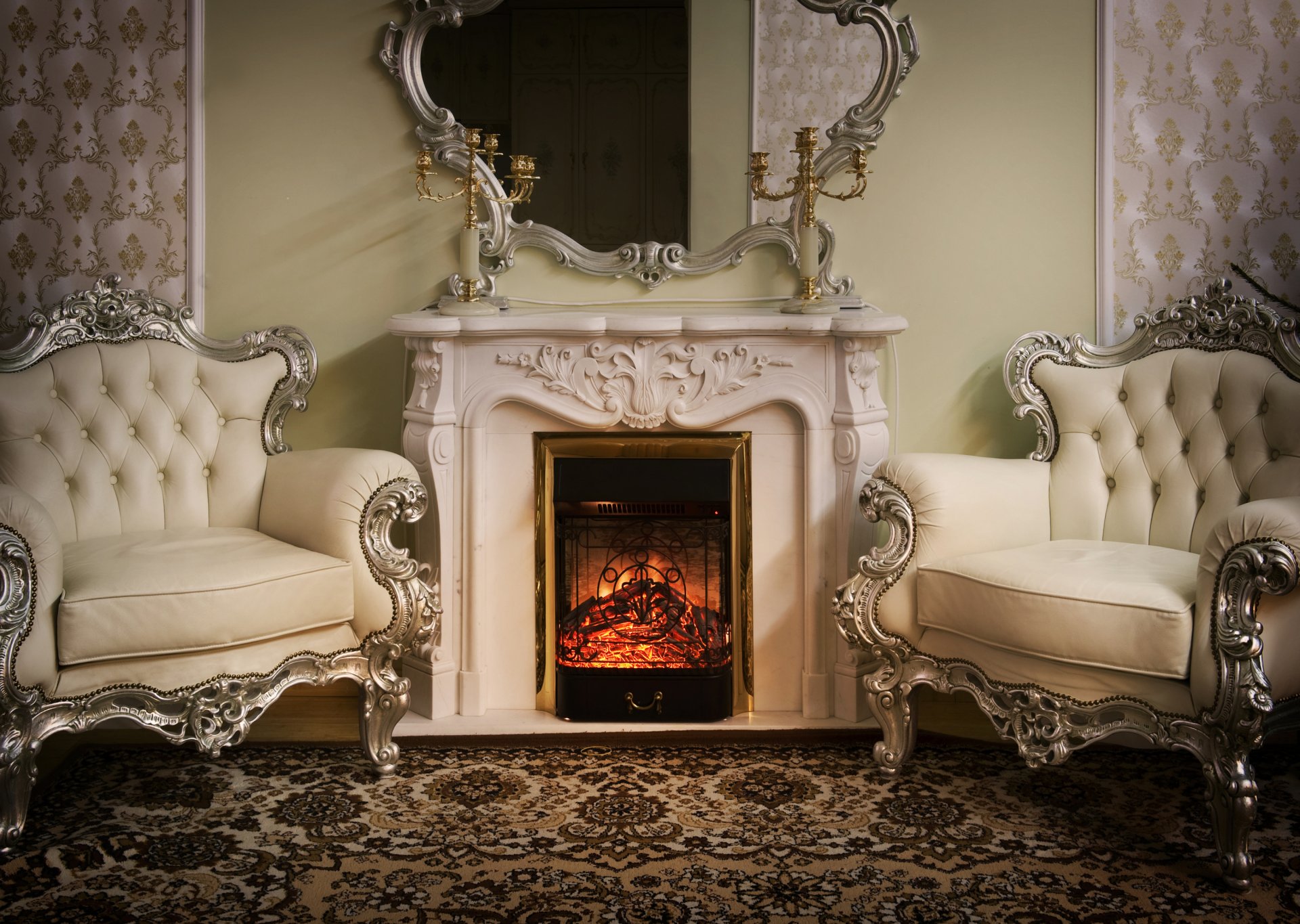 interior armchairs mirror fireplace style