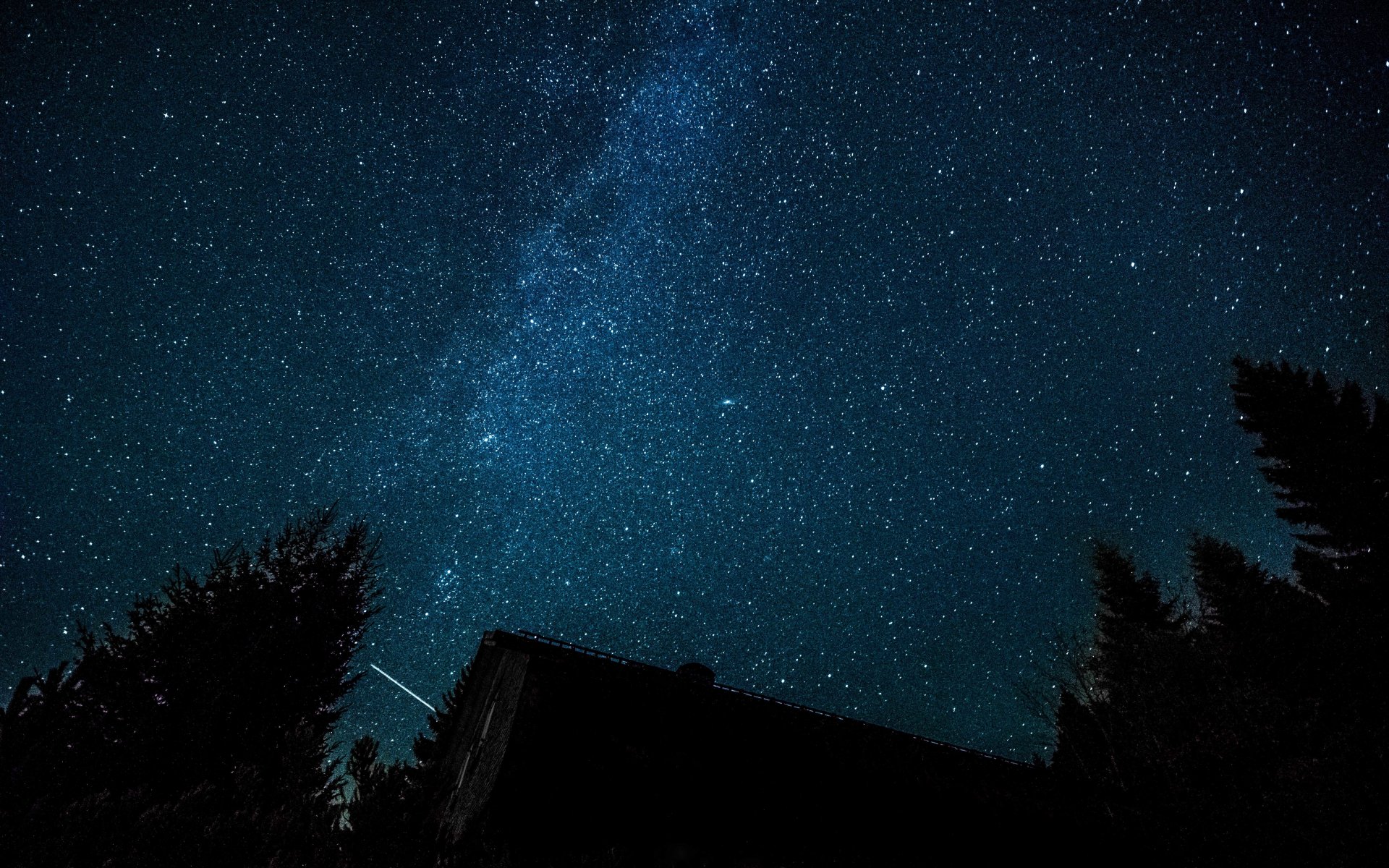 vía láctea vivienda bosque árboles estrellas espacio