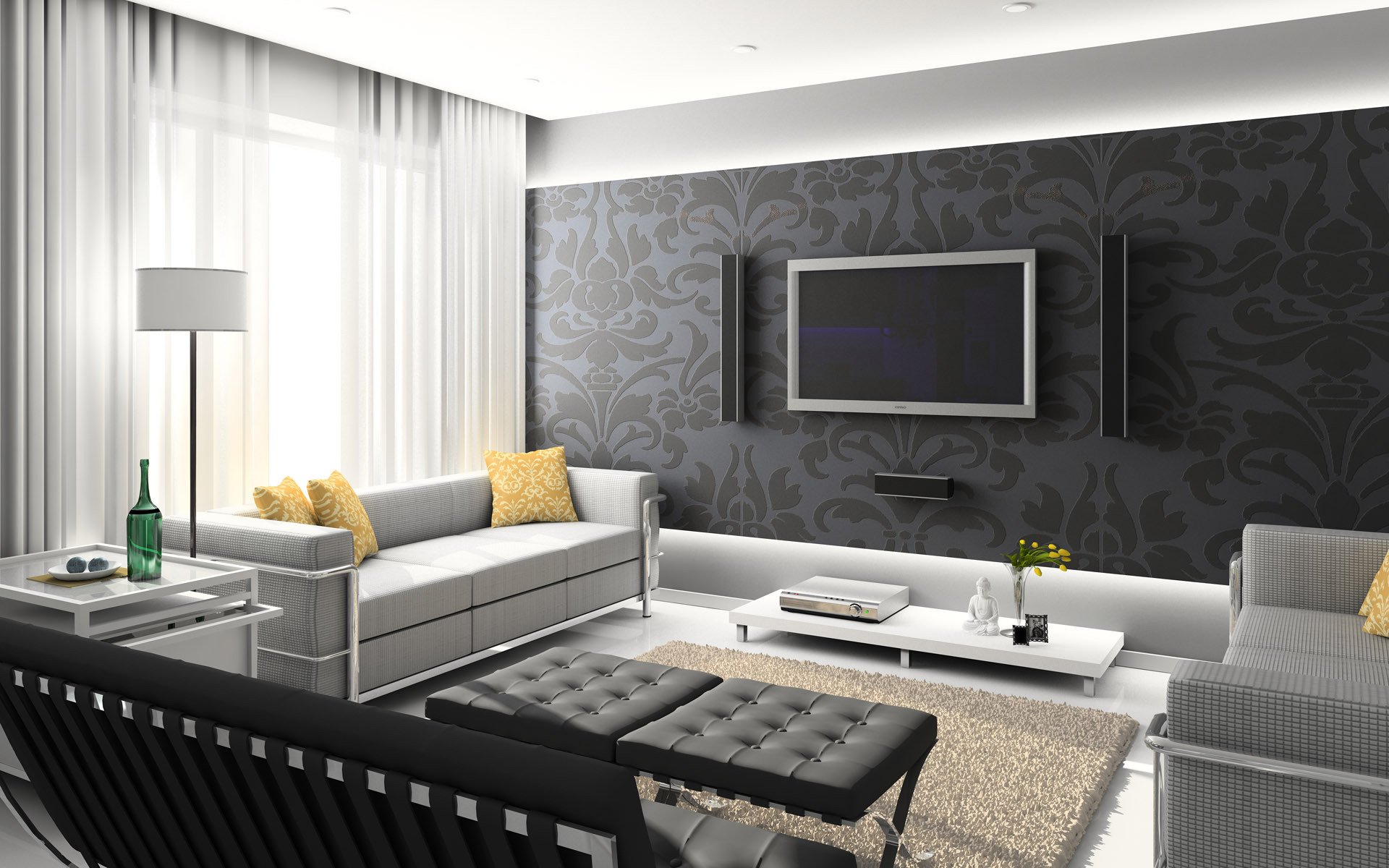 room sofa interior tv peg table grey black white