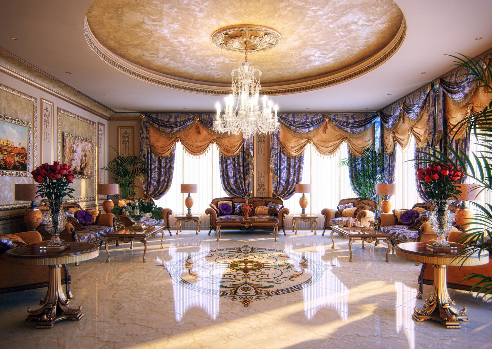 apartment suite chandelier marble penthouse room interior sofas table expensive wallpaper