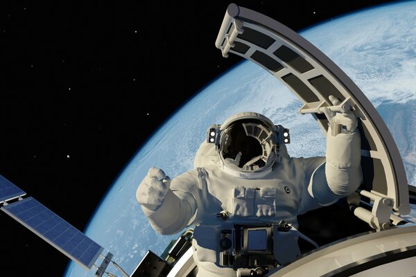 An astronaut in a spacesuit climbs out of a spaceship against the background of the planet