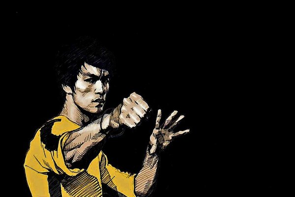 Bruce Lee in giacca gialla su sfondo nero