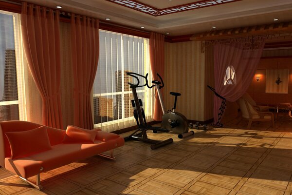 Recreation and sports room with exercise equipment