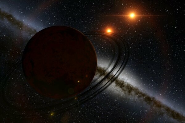 Un planeta con un cinturón de asteroides y dos luminarias