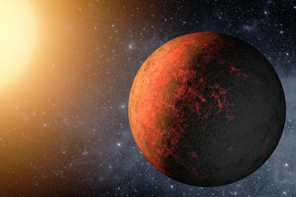 Красная планета на фоне сияния солнца