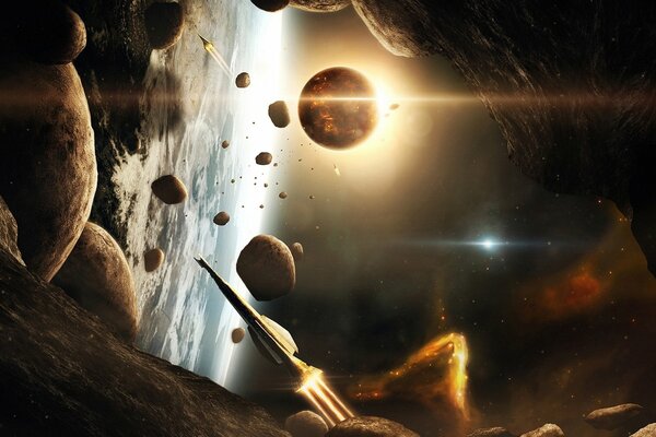 Fantastic picture of space, asteroids and starships