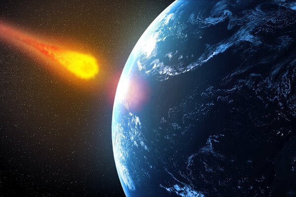 Метеорит мчится к планете. вид из космоса