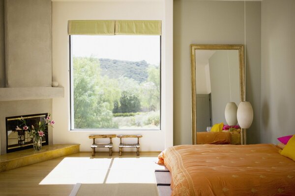 Bedroom next to fireplace morning