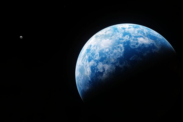 Planeta azul y satélite en el espacio infinito