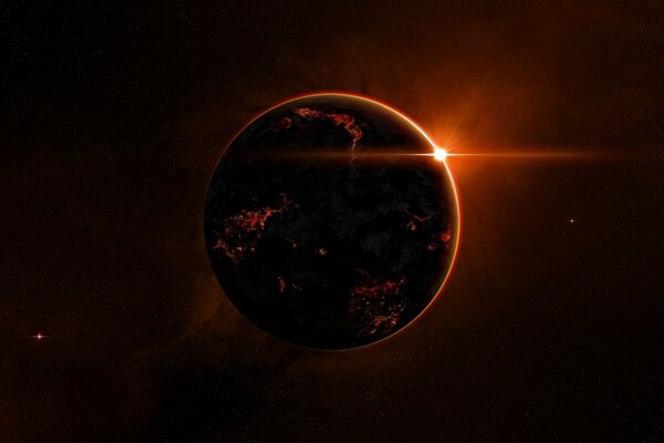 Planète mystérieuse rouge émet de la lumière