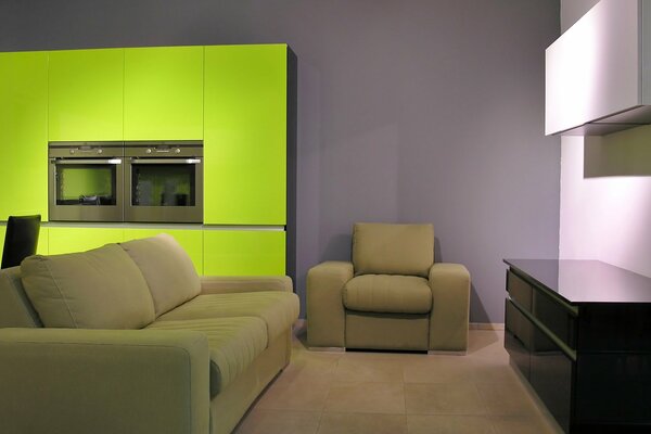 Stylish interior, bright colors. Upholstered furniture