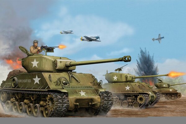Средние танки и самолеты ведут боевое сражение в 1944 г