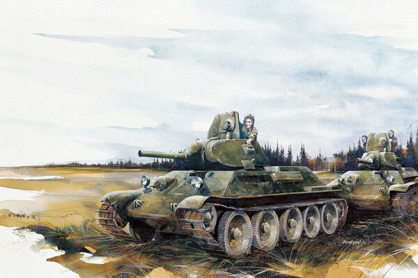 Soviet tanks and tankmen drawing in watercolor and pencils