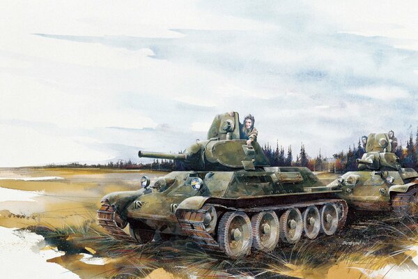 Chars soviétiques et tankistes dessin aquarelle et crayons