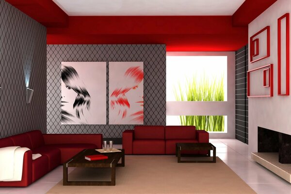 Diseño moderno de la habitación en tonos rojos y grises