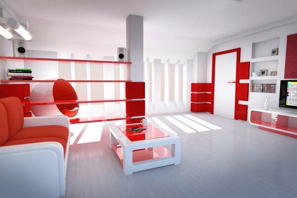 A large room in red and white tones