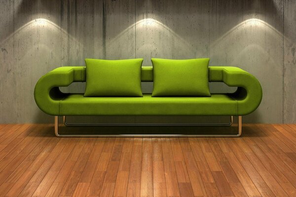 3d диван зеленый паркет и стена с подсветкой