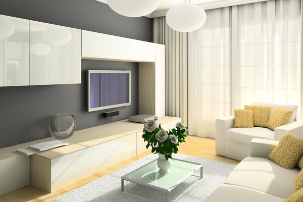 Interior de una pequeña sala de estar en tonos blancos