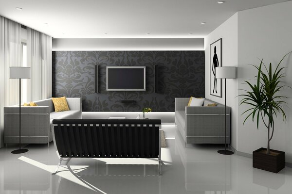 Habitación con un elegante interior gris