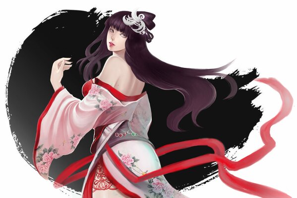 Kimono with flowers. Shoulders. Red Ribbon