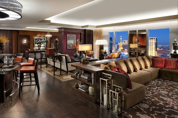 The interior of the hall in the hotel with a bar counter