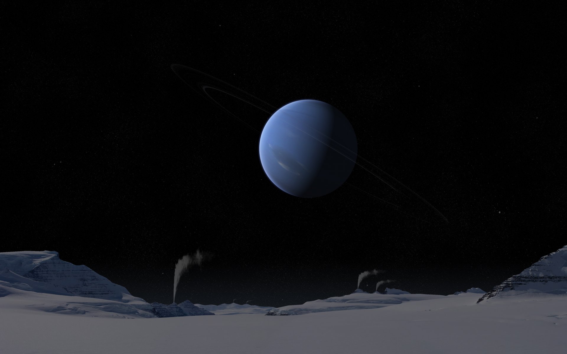 neptune géant gazier anneaux système solaire triton surface ciel neige geysers froid nuit