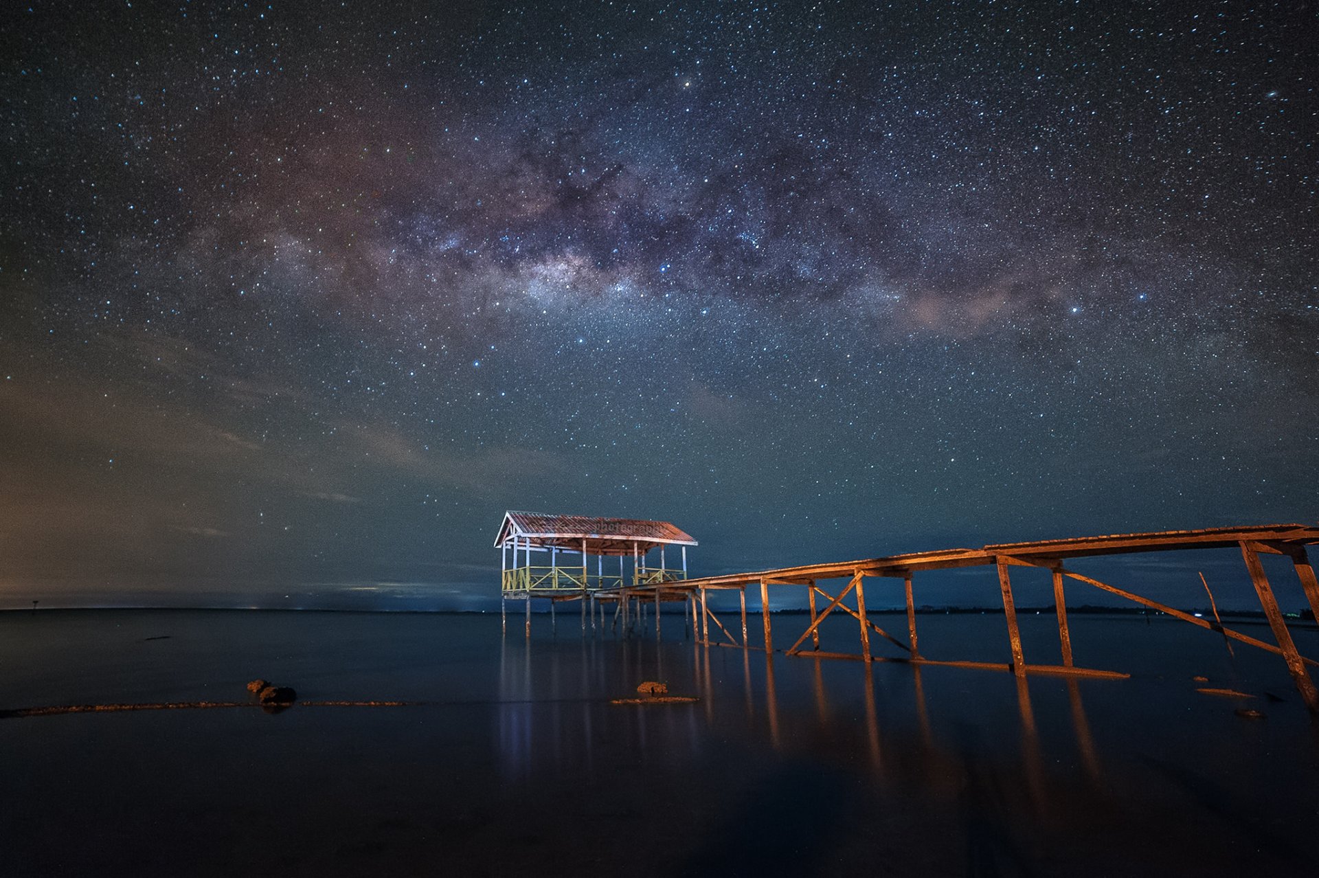 milky way pier lake mirror reflection star mystery