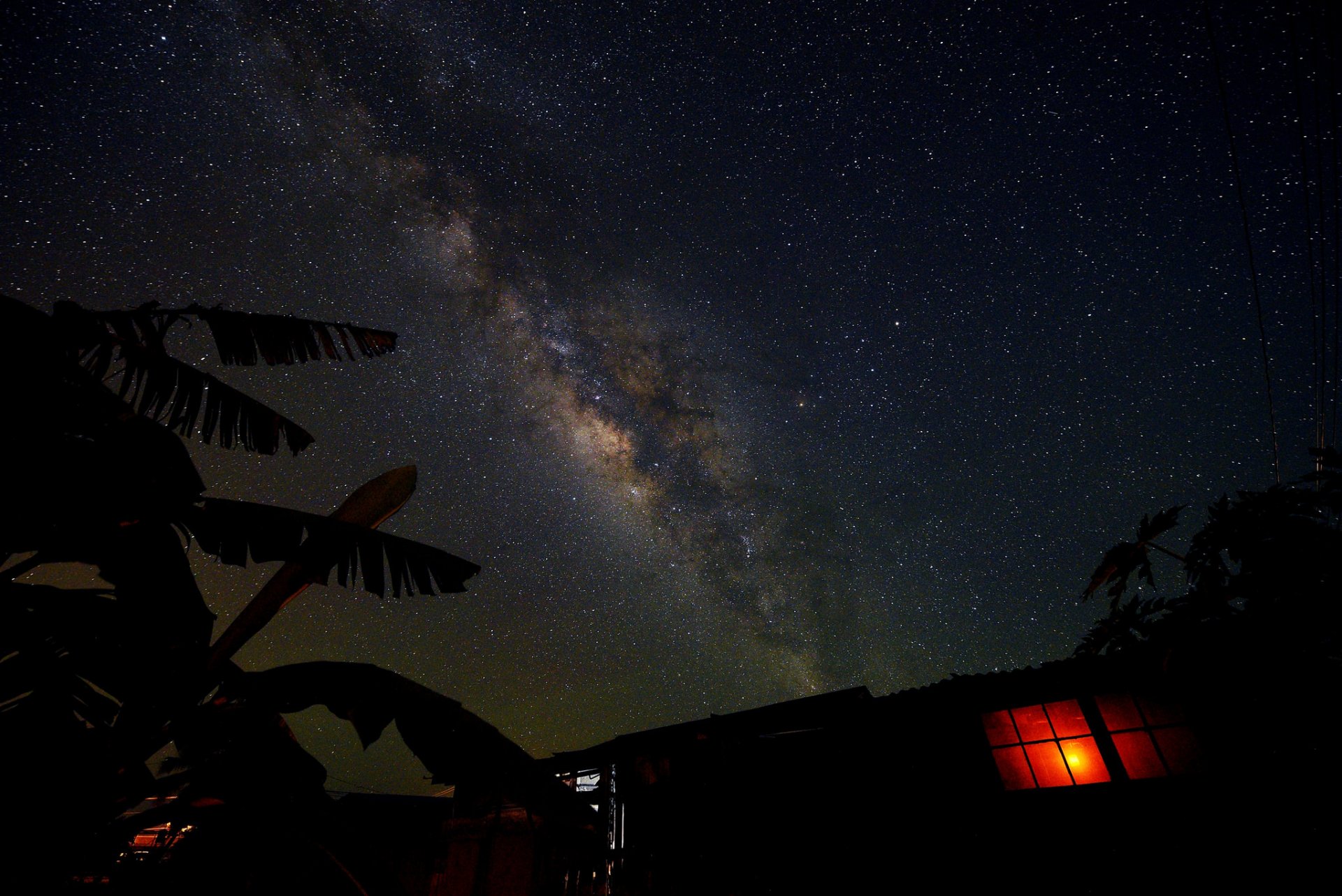 cosmos stars night space milky way house window light