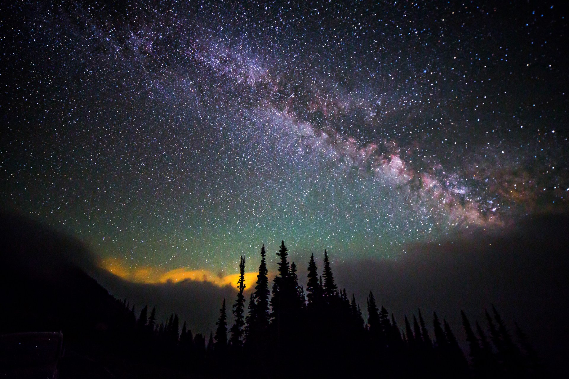 cosmos estrellas noche espacio vía láctea cielo árboles