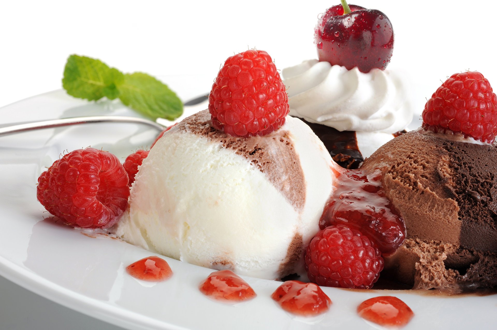 chocolate ice cream raspberry cherry sundae jam