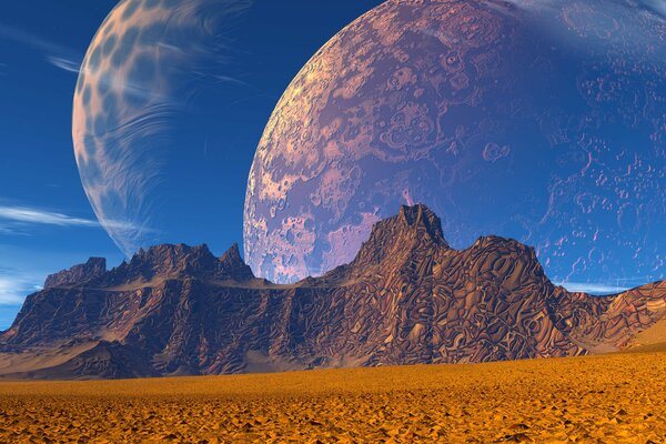 Mountains against the background of fantastic space with the reflection of the planet