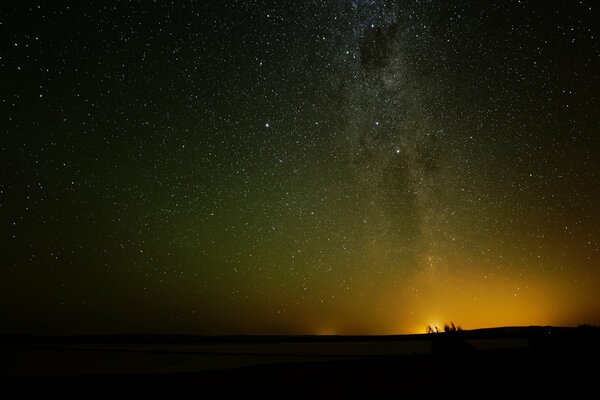 Separation of the earth and the night sky, light on the horizon