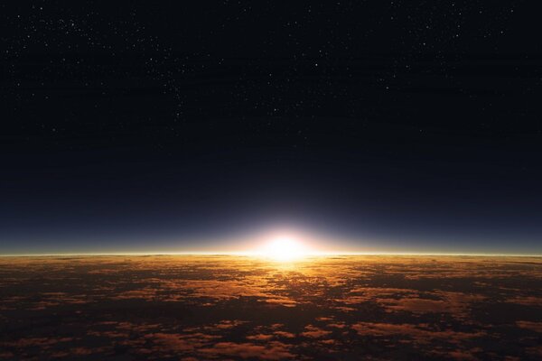 Wschód słońca nad powierzchnią planety na skraju połączenia z niebem