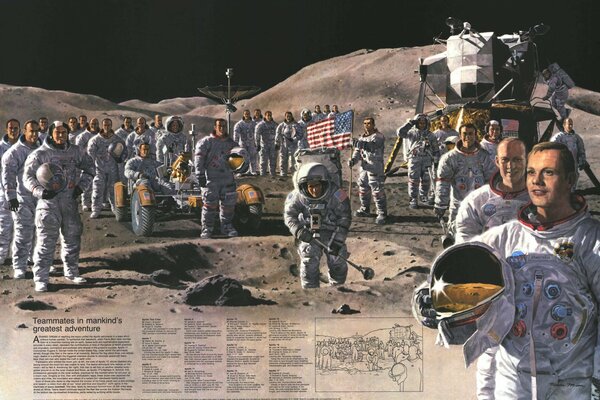 Groupe d astronautes sur la lune lors d une mission dans l espace