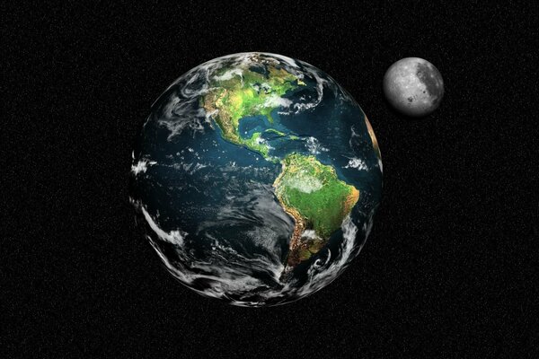 Planet Earth and the Moon in space